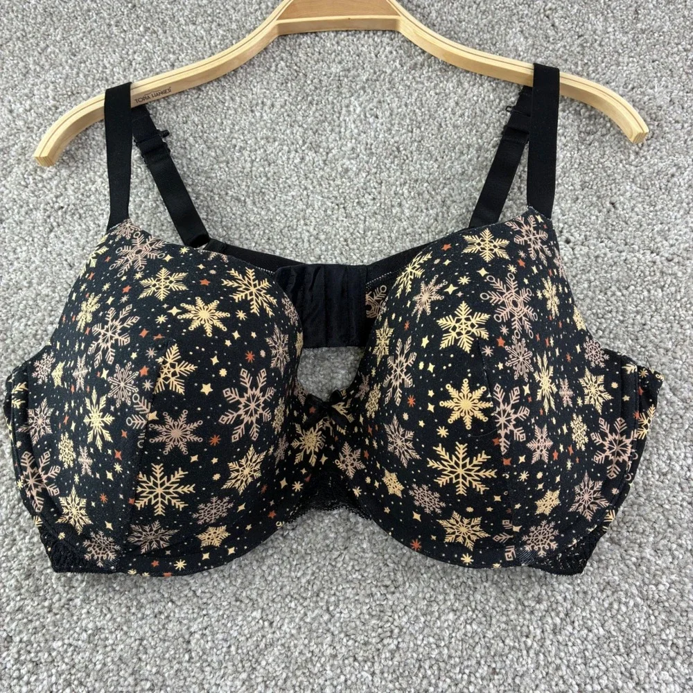 Ambrielle‎ Organic Cotton Demi Bra 40DD Black Gold Snowflake Holiday Racerback